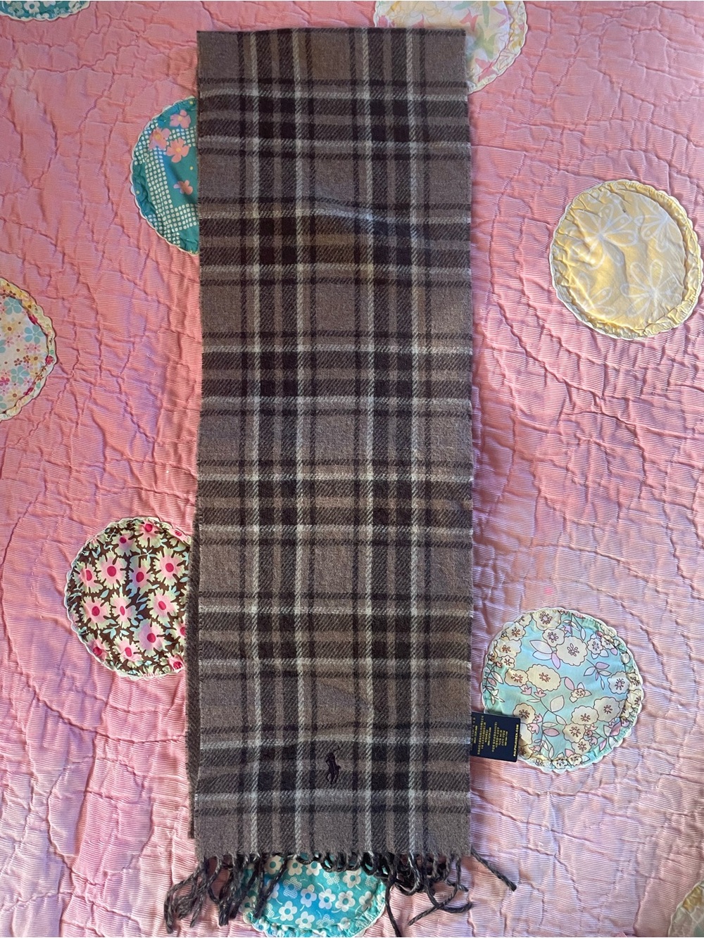 Ralph Lauren Brown & Gray Plaid Wool Scarf with Fringe